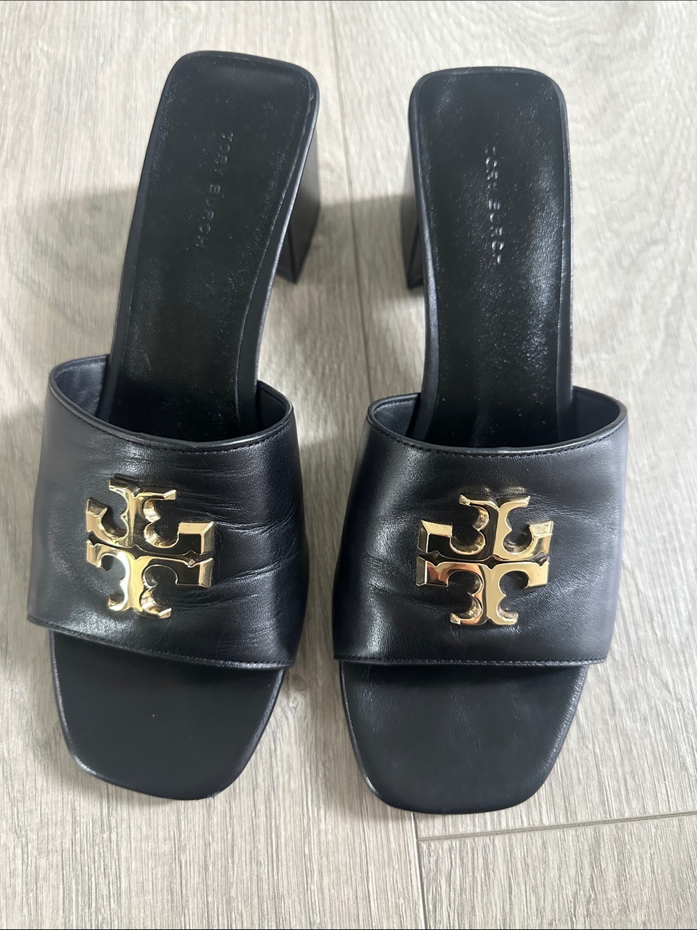 Tory Burch Black Leather Logo Block Heel Slide, 7.5